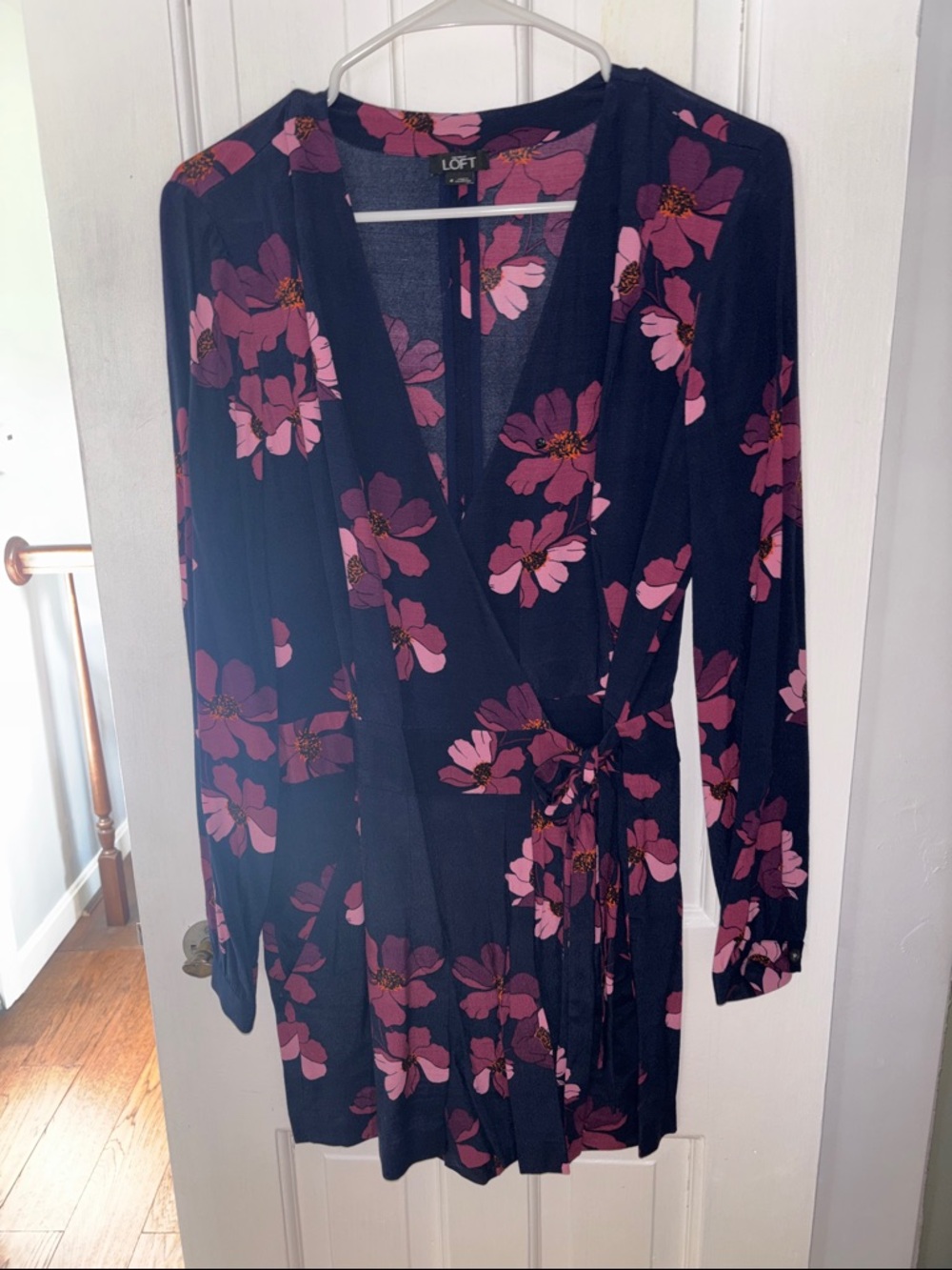 LOFT Navy Floral Wrap Romper with Pink Blossoms